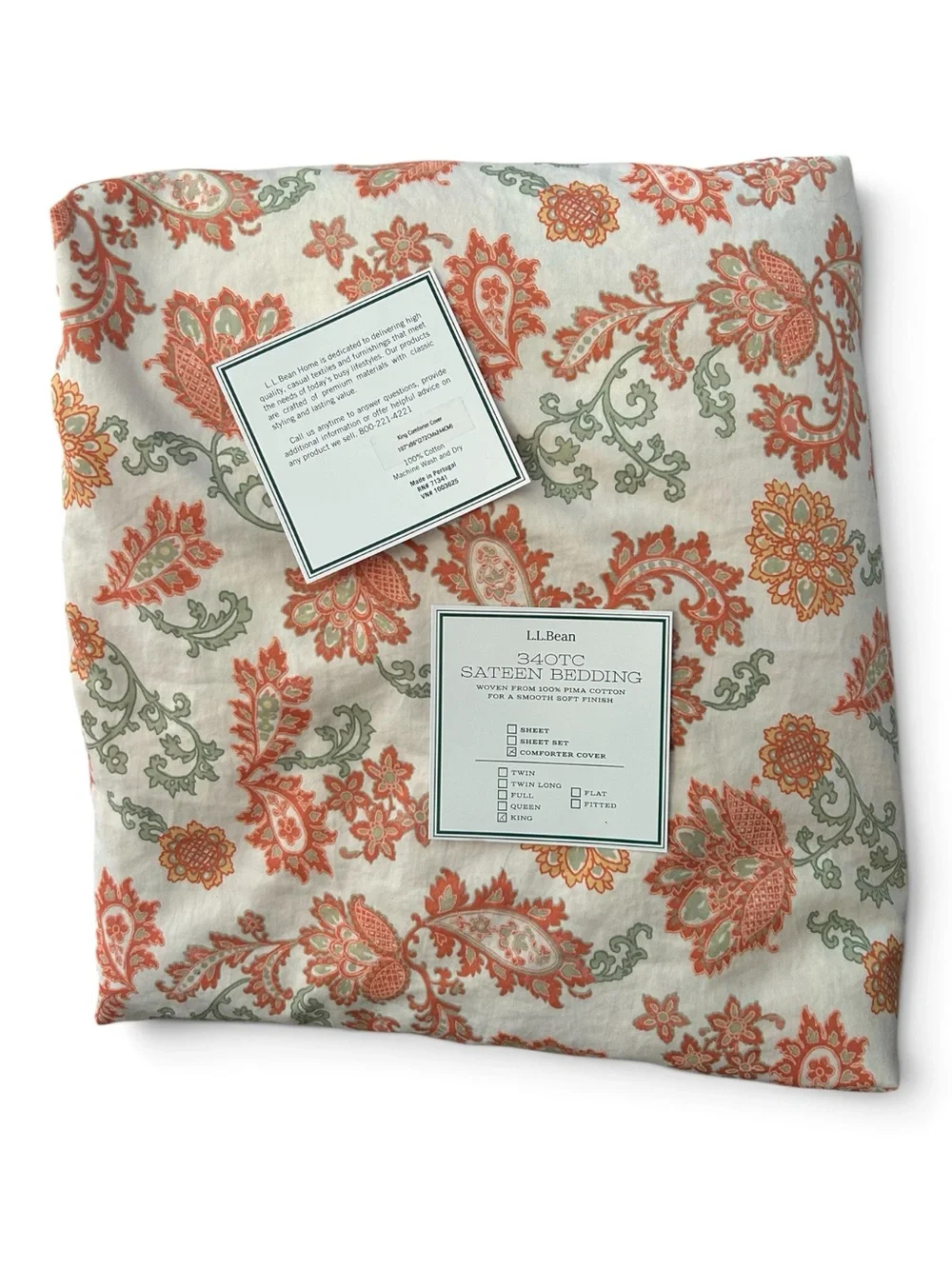 L.L. Bean Comforter Cover  Coral Sage Floral  100% Pima Cotton Made in Portugal